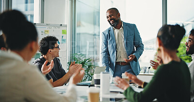 Buy stock photo Man, celebration and applause with office presentation, team and success with support at finance company. Person, speaker and paperwork with group, smile or achievement with goal at investment agency