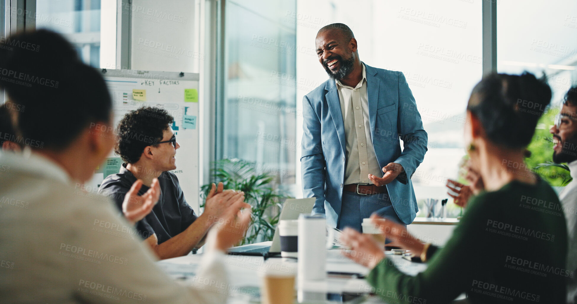 Buy stock photo Man, celebration and applause with office presentation, team and success with support at finance company. Person, speaker and paperwork with group, smile or achievement with goal at investment agency