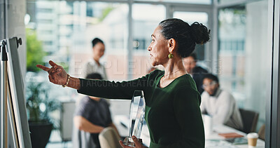 Buy stock photo Business woman, presentation and trophy with team, whiteboard or meeting for nomination in office. Female person, employee or coach with group or award for top performance or delegation in workplace