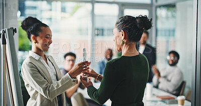 Buy stock photo Woman, award and trophy with celebration at office meeting, applause and happy with team for success. Person, leader and reward with achievement, congratulations and goals with smile at company