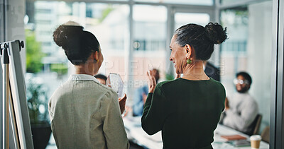 Buy stock photo Business people, meeting and applause with trophy for winning, congratulations or achievement. Back view, employees or colleagues clapping with smile for award ceremony or thank you in conference