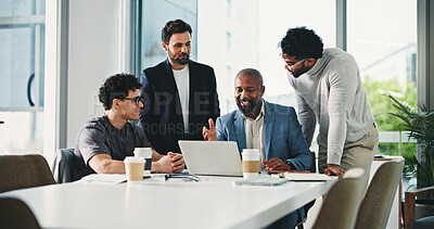 Buy stock photo Business men, meeting and discussion with laptop, happy and planning with financial review. Team, people and smile with computer, group or collaboration with insight for investment strategy at agency