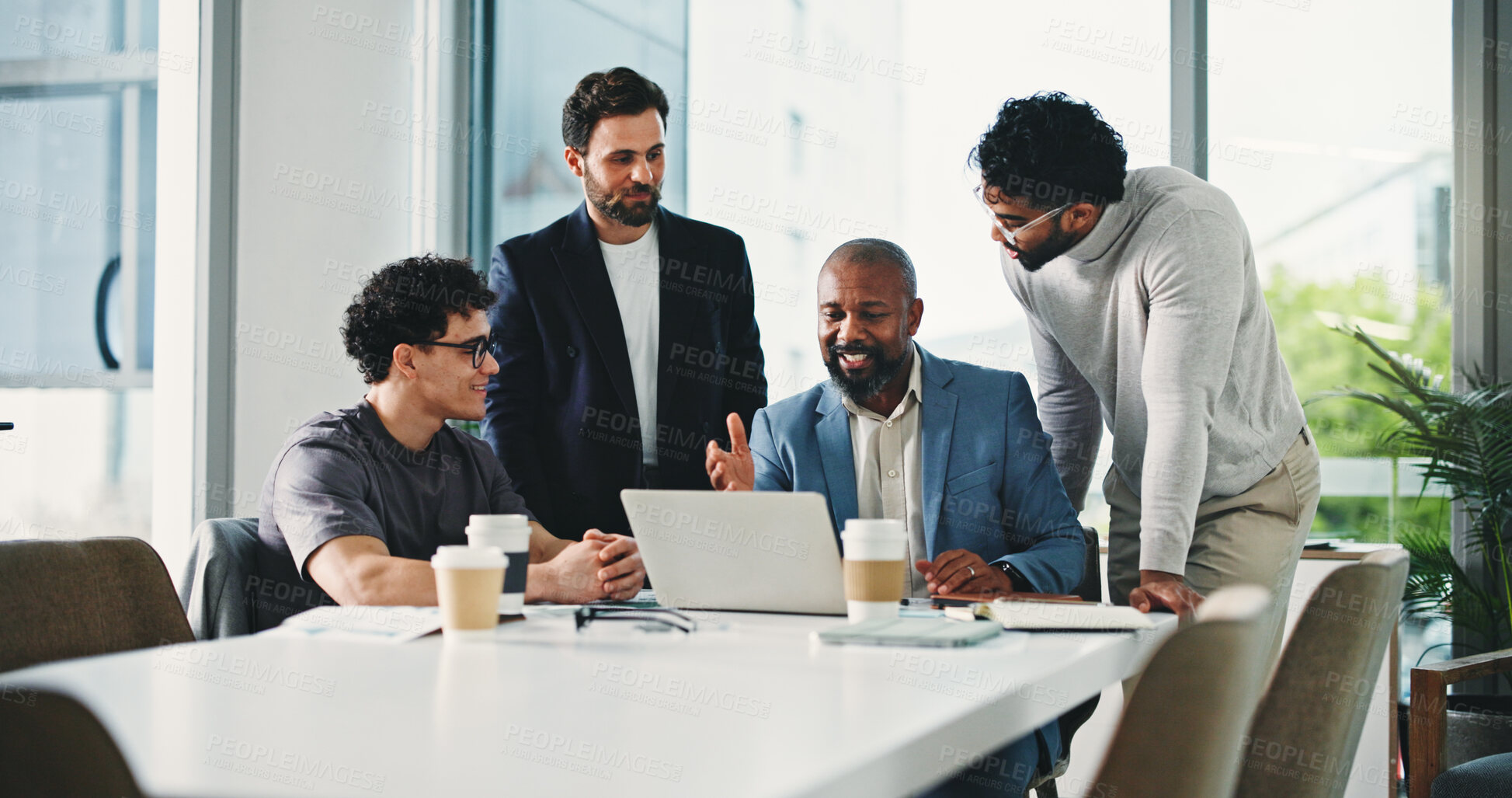 Buy stock photo Business men, meeting and discussion with laptop, happy and planning with financial review. Team, people and smile with computer, group or collaboration with insight for investment strategy at agency