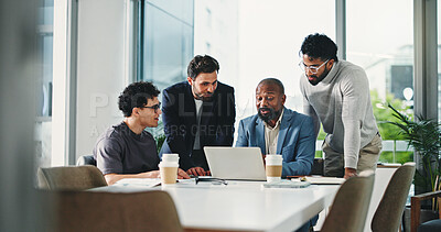 Buy stock photo Boardroom, meeting and men with laptop, talking and collaboration for funding opportunity and online. Business, teamwork and colleagues with tech for investment proposal, discussion or project on web