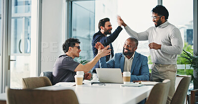Buy stock photo Happy, business people or high five with laptop, celebration or meeting for corporate success. Excited group, employees or colleagues with documents, computer or proposal for winning or teamwork
