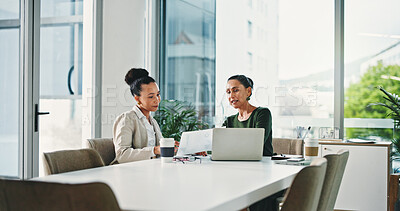 Buy stock photo Laptop, discussion and business women in office for planning, finance report and collaboration. Computer, paperwork and financial advisors with investment proposal, tech and meeting in workplace