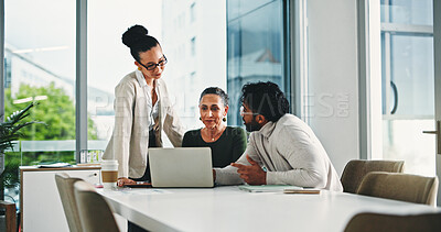 Buy stock photo Laptop, meeting and business people in office for planning, finance report and collaboration. Tech, website and financial advisors with investment proposal, research and discussion in workplace