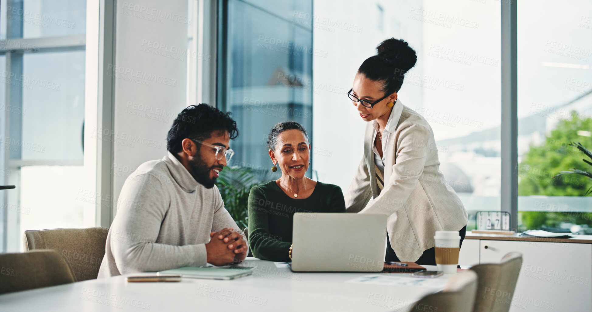 Buy stock photo Boardroom, meeting and people with laptop, online and collaboration for funding opportunity and plan. Business, teamwork and colleagues with tech for investment proposal, discussion or project on web