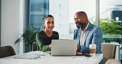 Buy stock photo Laptop, discussion and business people in office with feedback on finance review with budget plan. Meeting, computer and financial managers with investment proposal in collaboration in workplace.