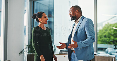 Buy stock photo Discussion, feedback and business people in office with planning for finance review in collaboration. Conversation, corporate and mature financial managers with advice for investment proposal.