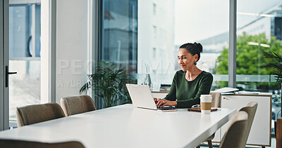 Buy stock photo Business woman, laptop and typing with smile for accounting, email or finance in office. Female person, management and online administration on computer for communication or schedule at workplace