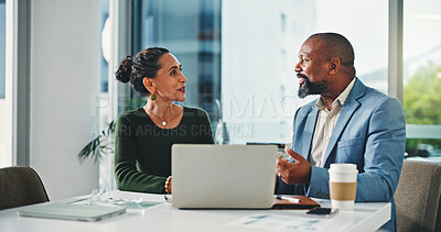 Buy stock photo Laptop, meeting and business people in office with feedback on finance review with budget plan. Discussion, computer and financial managers with investment proposal in collaboration in workplace.