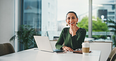 Buy stock photo Portrait, business and woman with laptop in office for career pride, about us and accounting. Smile, mature person and pc with ambition, finance consultant and budget planning for investment proposal