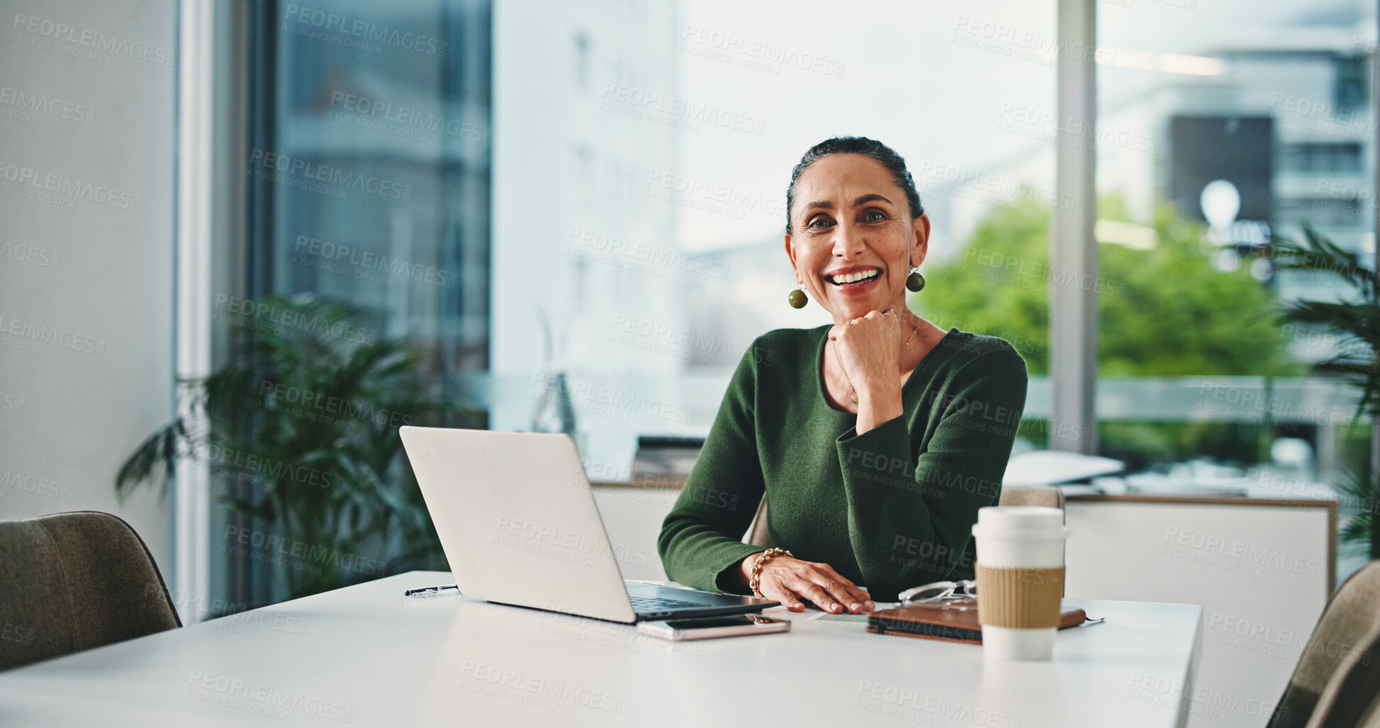 Buy stock photo Portrait, business and woman with laptop in office for career pride, about us and accounting. Smile, mature person and pc with ambition, finance consultant and budget planning for investment proposal