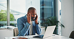 Stress, headache and black man in office with laptop for stock market crisis with investment. Computer, migraine and African male financial manager with burnout for finance report in workplace.