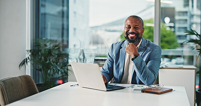 Buy stock photo Laptop, black man or portrait with documents in business for sales trends, data analysis or reporting. Analytics manager, mature person and happy with graphs in office for KPI performance or planning