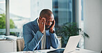 Frustrated, black man or laptop with headache, stress or eye strain for pressure in office. Tired, businessman or employee with migraine, computer or mistake for overworked or deadline in workplace
