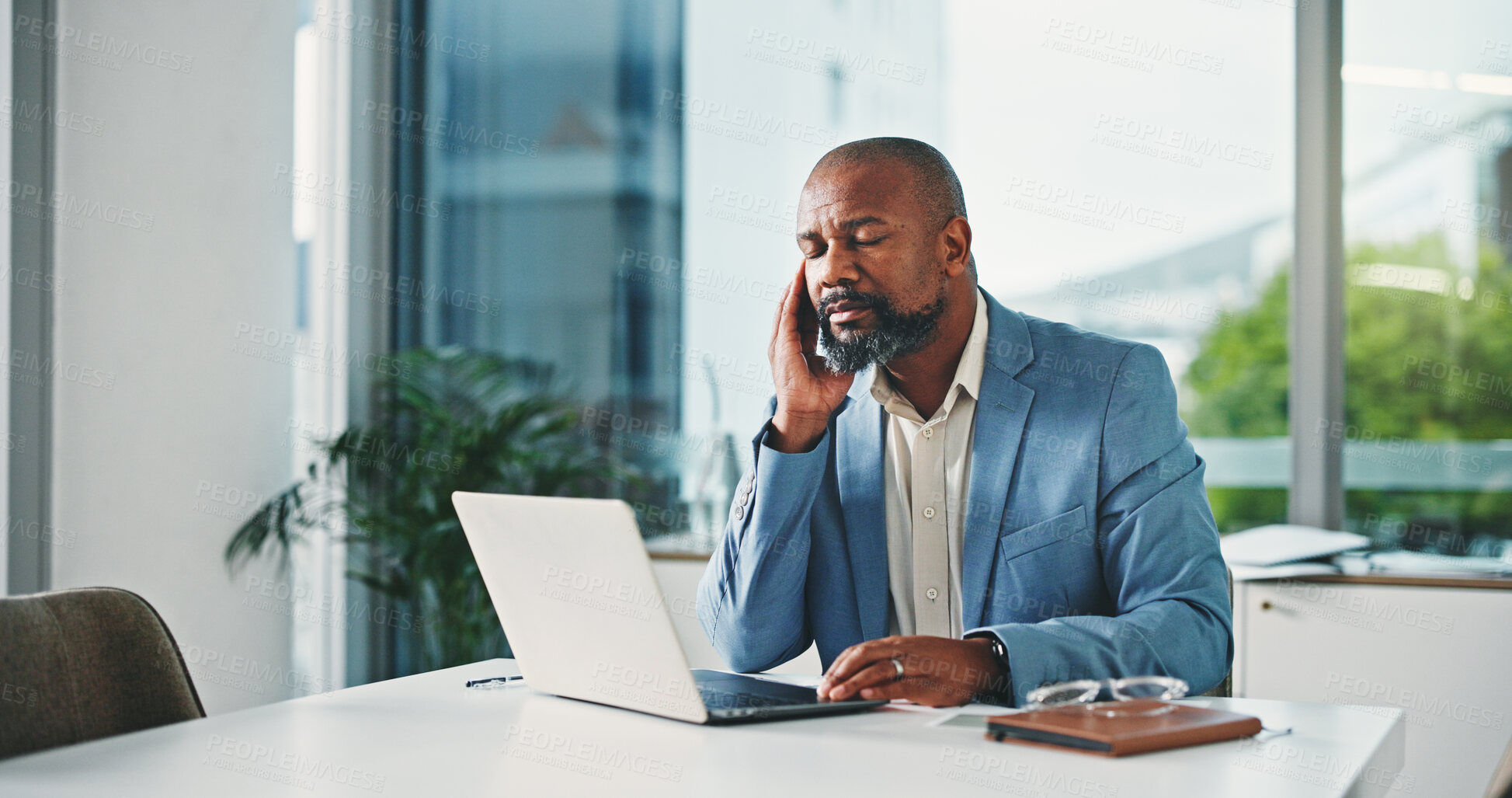 Buy stock photo Tired, black man or laptop with headache, stress or eye strain for pressure in office. Frustrated, businessman or employee with migraine, computer or mistake for overworked or deadline in workplace