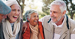 Group, hug and laughing with old people in park for retirement, bonding or support. Happiness, adventure and social reunion with couple of senior friends outdoor for health, embrace and joke together