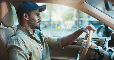 Buy stock photo Drive, traffic and transport with man in car for commute, delivery or travel to destination. Ride, route and service with driver in vehicle for journey to location in urban city for transportation