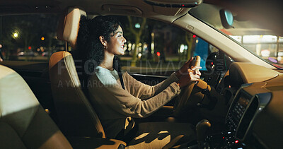 Buy stock photo Business, night and travel with happy woman in car on city street for commute to destination. Drive, smile and transportation with employee in vehicle for journey or ride in dark urban location