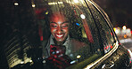 Texting, night or black woman in car window with phone, online chat or notification on dating app. Happy, bokeh or girl in vehicle with mobile, romance match or partner search in late evening commute