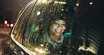 Night, mobile and woman by car window for travel, journey and social media chat. Phone, taxi passenger and happy person in transport for commute, bokeh or online update for location with rain weather