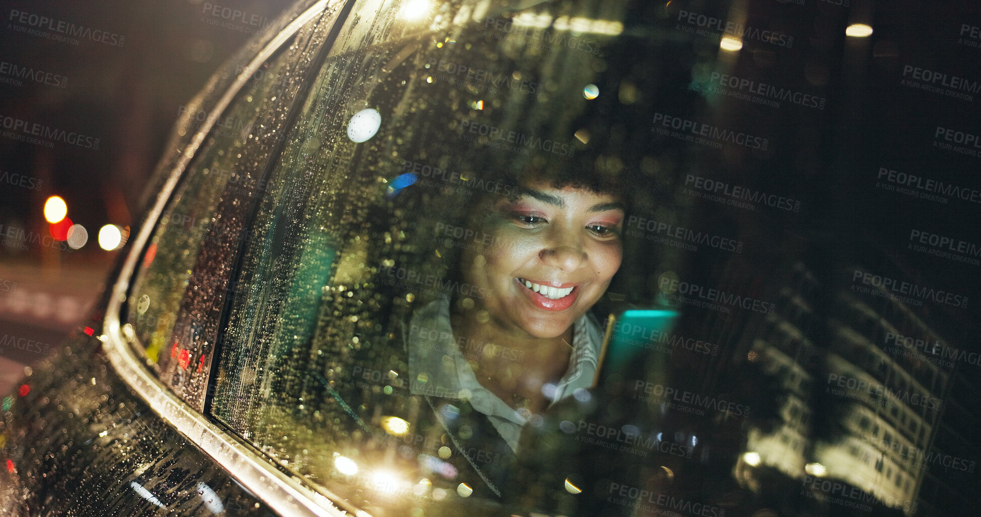 Buy stock photo Night, mobile and woman by car window for travel, journey and social media chat. Phone, taxi passenger and happy person in transport for commute, bokeh or online update for location with rain weather