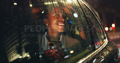 Buy stock photo Night, travel and happy woman by car window with phone, thinking or remember memory in transport. Dark city perspective, mobile or person admire town with bokeh, rain or taxi trip for reflection