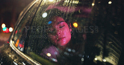 Buy stock photo Sleeping, travel and window with woman in taxi cab for resting, tired passenger and exhausted with night bokeh. Traffic jam, fatigue and overtime with person in car for transportation and vehicle