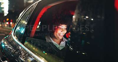 Buy stock photo Night, smile or black woman in car window with tech, online chat or notification on dating app. Digital, bokeh or girl in vehicle with happiness, romance match or partner search in late evening.
