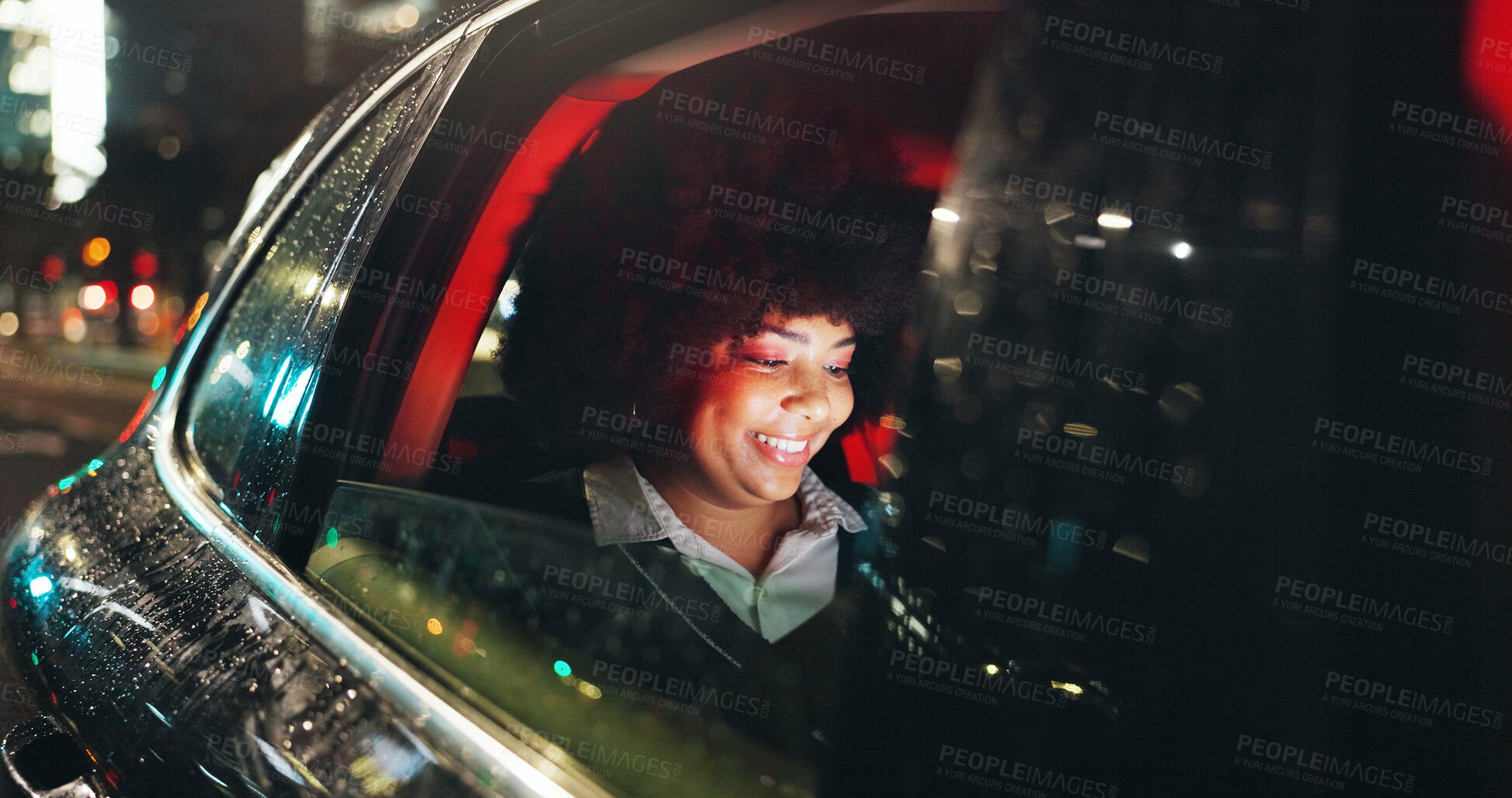 Buy stock photo Night, smile or black woman in car window with tech, online chat or notification on dating app. Digital, bokeh or girl in vehicle with happiness, romance match or partner search in late evening.
