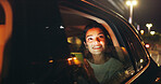 Night, thinking and happy woman in car with phone, transportation or remember memory by window. Dark city perspective, mobile or person admire town with bokeh, travel or taxi trip for reflection