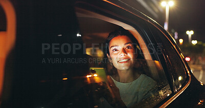 Buy stock photo Night, thinking and happy woman in car with phone, transportation or remember memory by window. Dark city perspective, mobile or person admire town with bokeh, travel or taxi trip for reflection