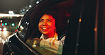Smile, woman and window of vehicle at night for travel, sightseeing city and tourism holiday. Happy, passenger and thinking in car for fresh air, adventure trip and nightlife view for evening journey