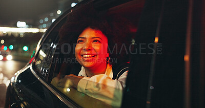 Buy stock photo Smile, woman and window of vehicle at night for travel, sightseeing city and tourism holiday. Happy, passenger and thinking in car for fresh air, adventure trip and nightlife view for evening journey