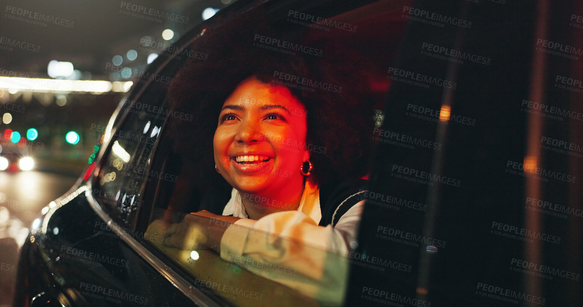 Buy stock photo Smile, woman and window of vehicle at night for travel, sightseeing city and tourism holiday. Happy, passenger and thinking in car for fresh air, adventure trip and nightlife view for evening journey