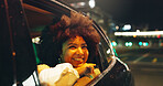 African woman, window and car at night for travel, sightseeing city and tourism holiday. Happy, passenger and thinking in vehicle for fresh air, adventure trip and nightlife view for evening journey