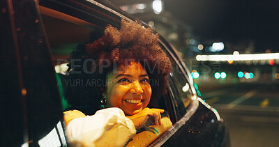 Buy stock photo African woman, window and car at night for travel, sightseeing city and tourism holiday. Happy, passenger and thinking in vehicle for fresh air, adventure trip and nightlife view for evening journey