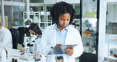 Buy stock photo Science, medical research and woman in lab, clipboard and schedule for cancer drug trial. Person, writing and employee with documents, vaccine report and test results for scientific experiment