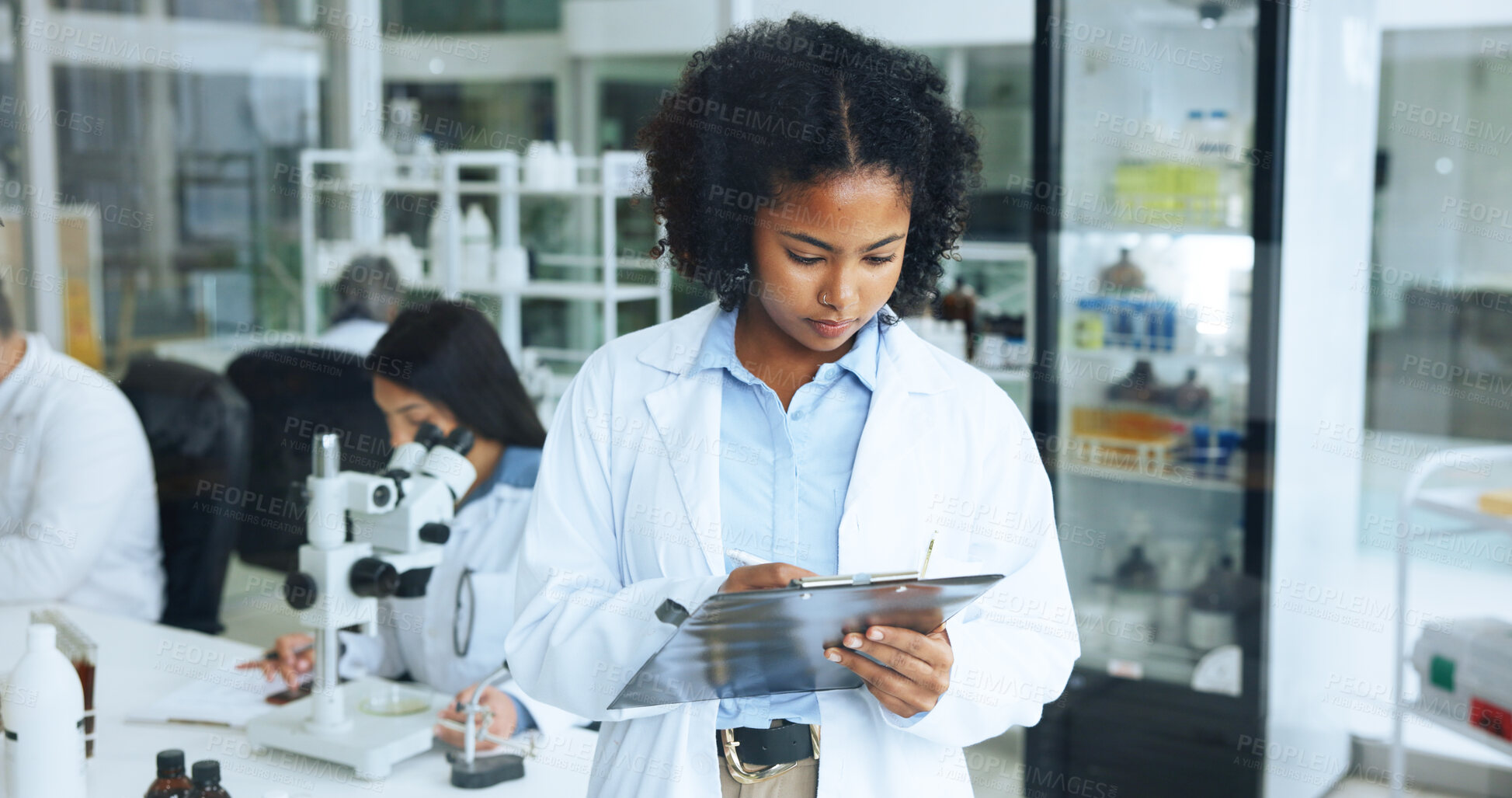 Buy stock photo Science, medical research and woman in lab, clipboard and schedule for cancer drug trial. Person, writing and employee with documents, vaccine report and test results for scientific experiment
