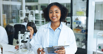 Buy stock photo Clipboard, portrait and smile with woman in laboratory for medical or pharmaceutical research. Checklist, paperwork and science with happy doctor at work on clinical trial data, results or review