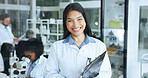 Science, portrait and Asian woman in lab with smile, career pride or experience in genetic engineering. Medical, coworking or biotechnologist in clinic with confidence, about us or work in pathology.