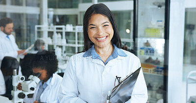 Buy stock photo Science, portrait and woman in lab with smile, career pride or experience in genetic engineering. Medical, coworking or biotechnologist in clinic with confidence, about us or work in pathology.