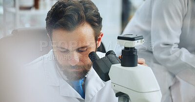 Buy stock photo Science, medical research and man in lab, microscope and experiment for vaccine development. Person, employee and scientist in workplace, equipment and sample analysis with bacteria and genetics test