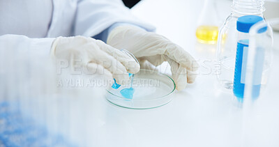 Buy stock photo Hands, scientist and petri dish with beaker at lab for medical research, chemical or liquid with gloves. Person, container and equipment for pharmaceutical study with vaccine development for virus