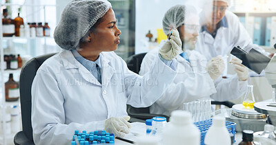 Buy stock photo Woman, scientist and test tube with thinking at lab for medical research, chemical or confused with sample. Person, container and solution for pharmaceutical study with vaccine development for virus