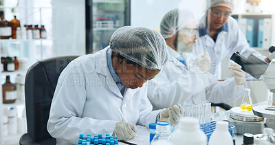 Buy stock photo Blood sample, writing and science with woman in laboratory for medical development or research. DNA, notebook and observation with doctor at work on clinical trial, investigation or pharmaceuticals