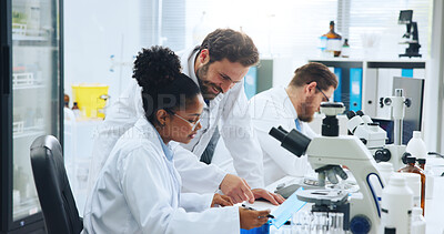Buy stock photo Pathology, science or team with results in lab, check virus sample or pointing for experiment evaluation. Medical, scientist or people with research report for disease, collaboration or vaccine trial