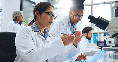 Buy stock photo Woman, scientist and vial with blood sample for medical research, experiment or test study in lab. Female person, scientific team or DNA with forensic investigation, diagnosis or genetic analysis